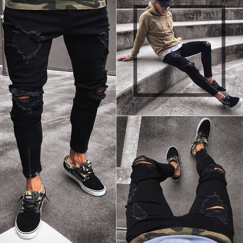 Sukestyle Black Ripped Zipper Jeans