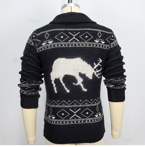 Sukestyle Black Deer Jacquard Zipper Long-sleeved Knitted Jacket